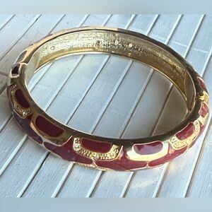 Vintage Red Enamel Gold Tone Hinged Bangle Bracelet Rhinestone Crystal Statement